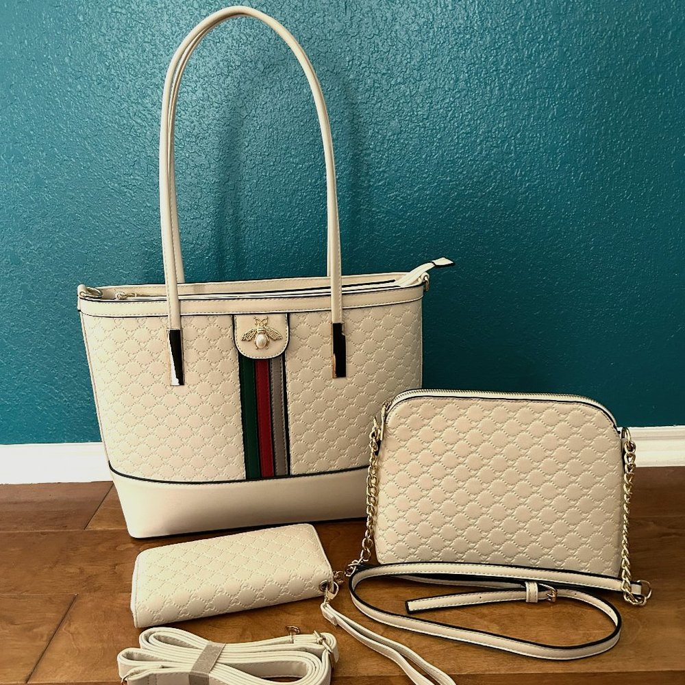 Diophy White Vegan Leather Large Bag, Small Crossbody & Wallet with Bee Emblem
